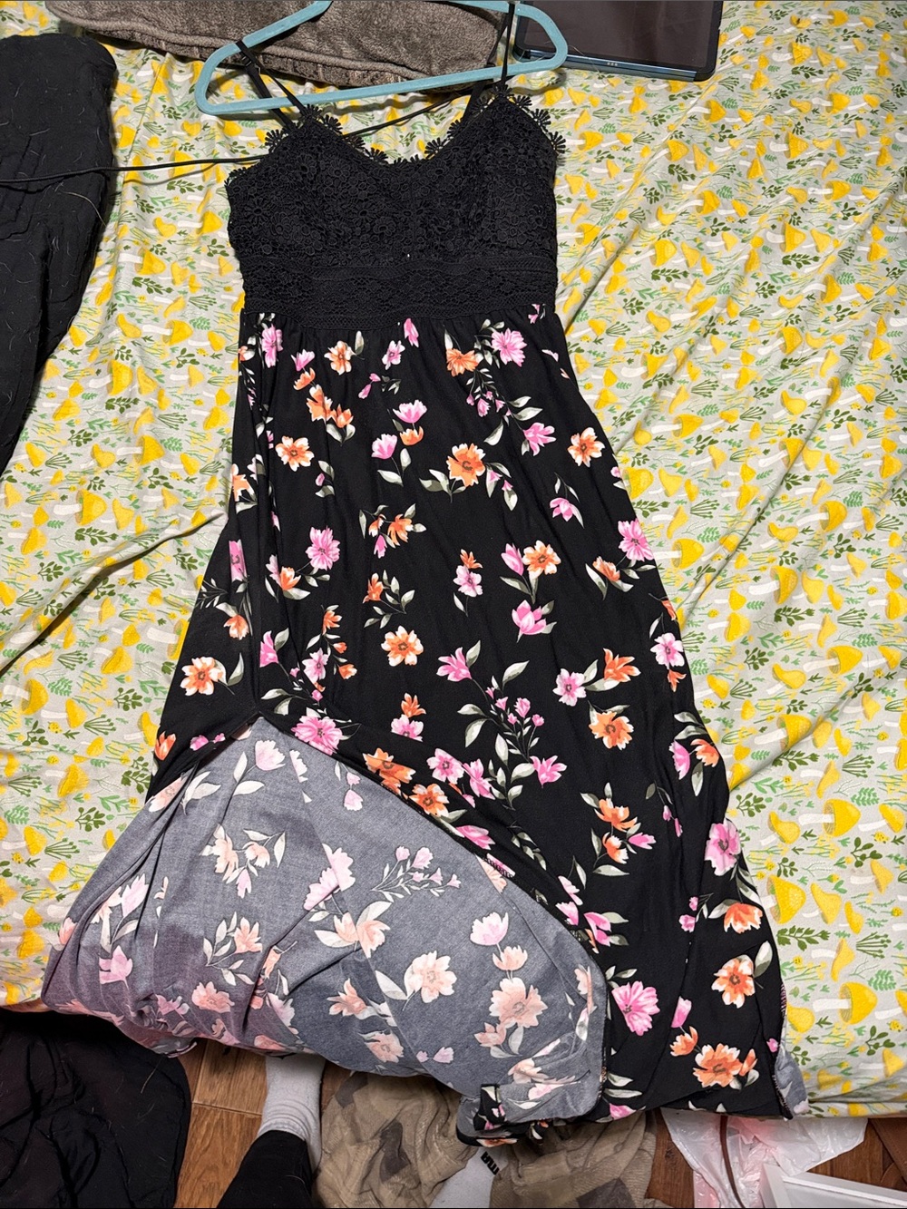No Boundaries Black Floral Lace Bodice Maxi Dress with Pink & Orange Blooms